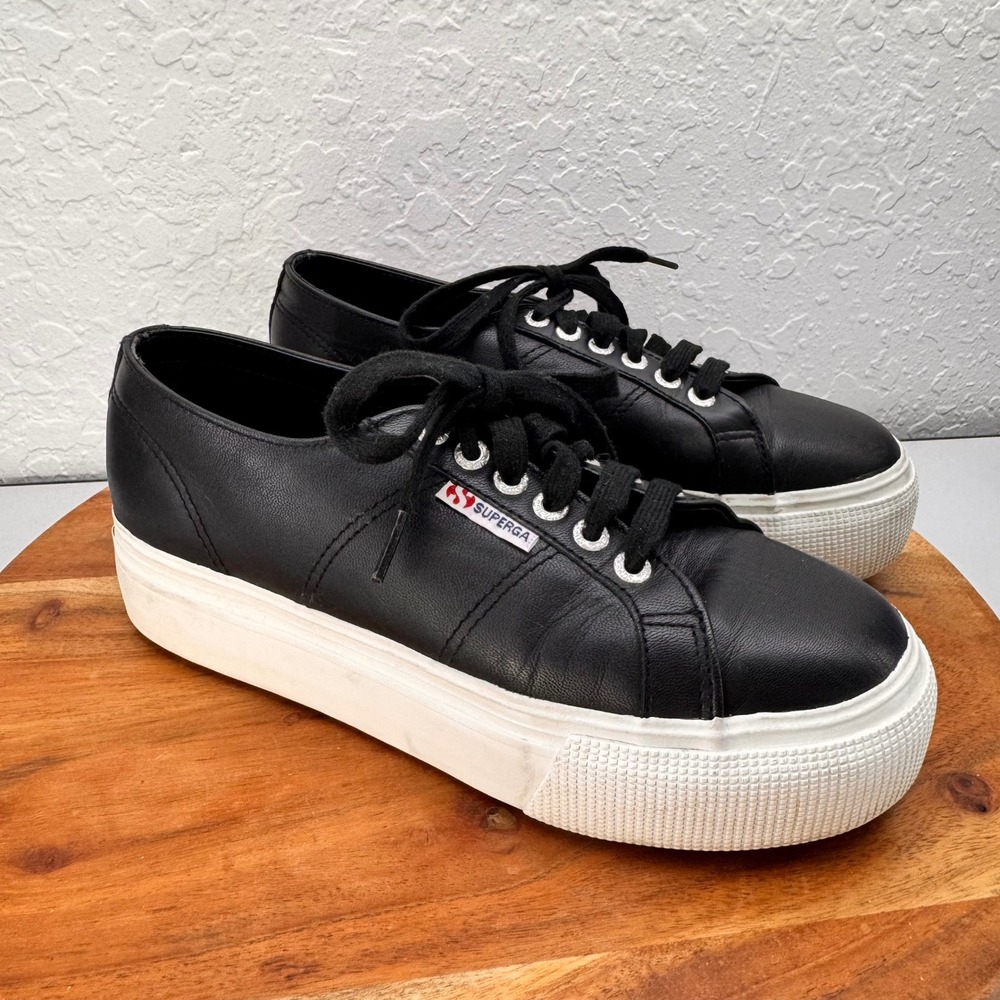 Superga 2790 Linea Up Down Womens 8 Black Leather Platform Sneakers